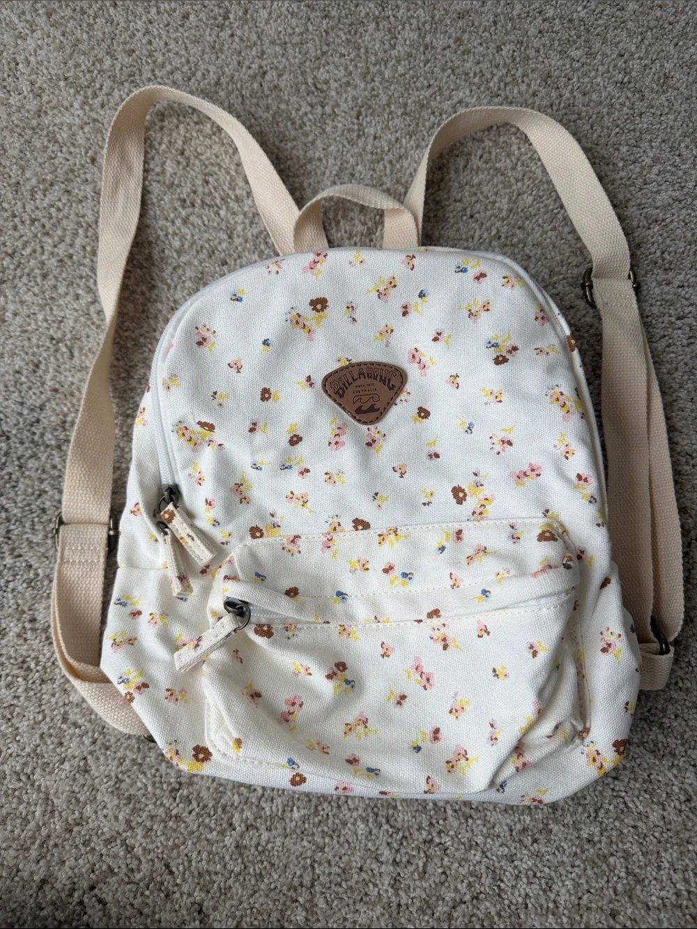 Billabong Cream Floral Canvas Mini Backpack with Tan Straps